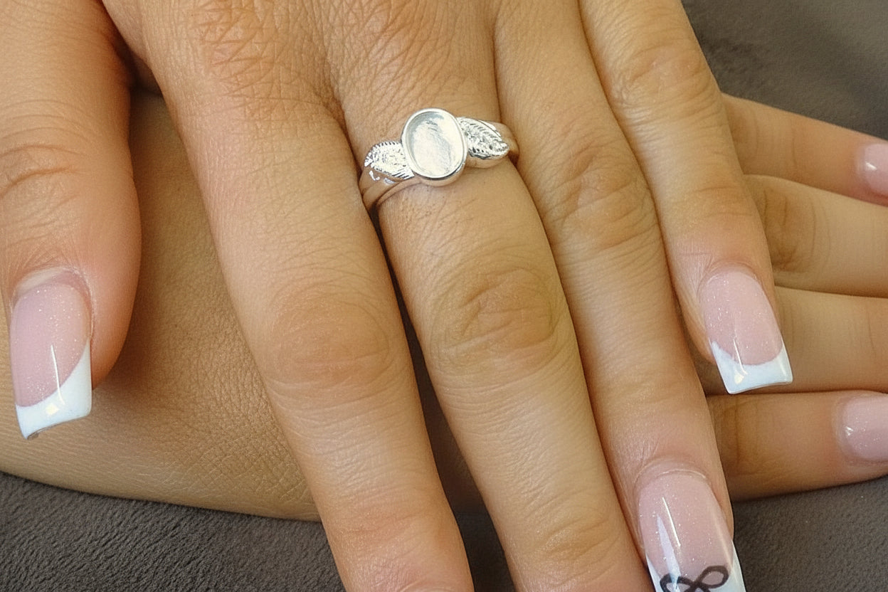 Solid silver Feather ring with cz for 7x5 Cabochon OR resin