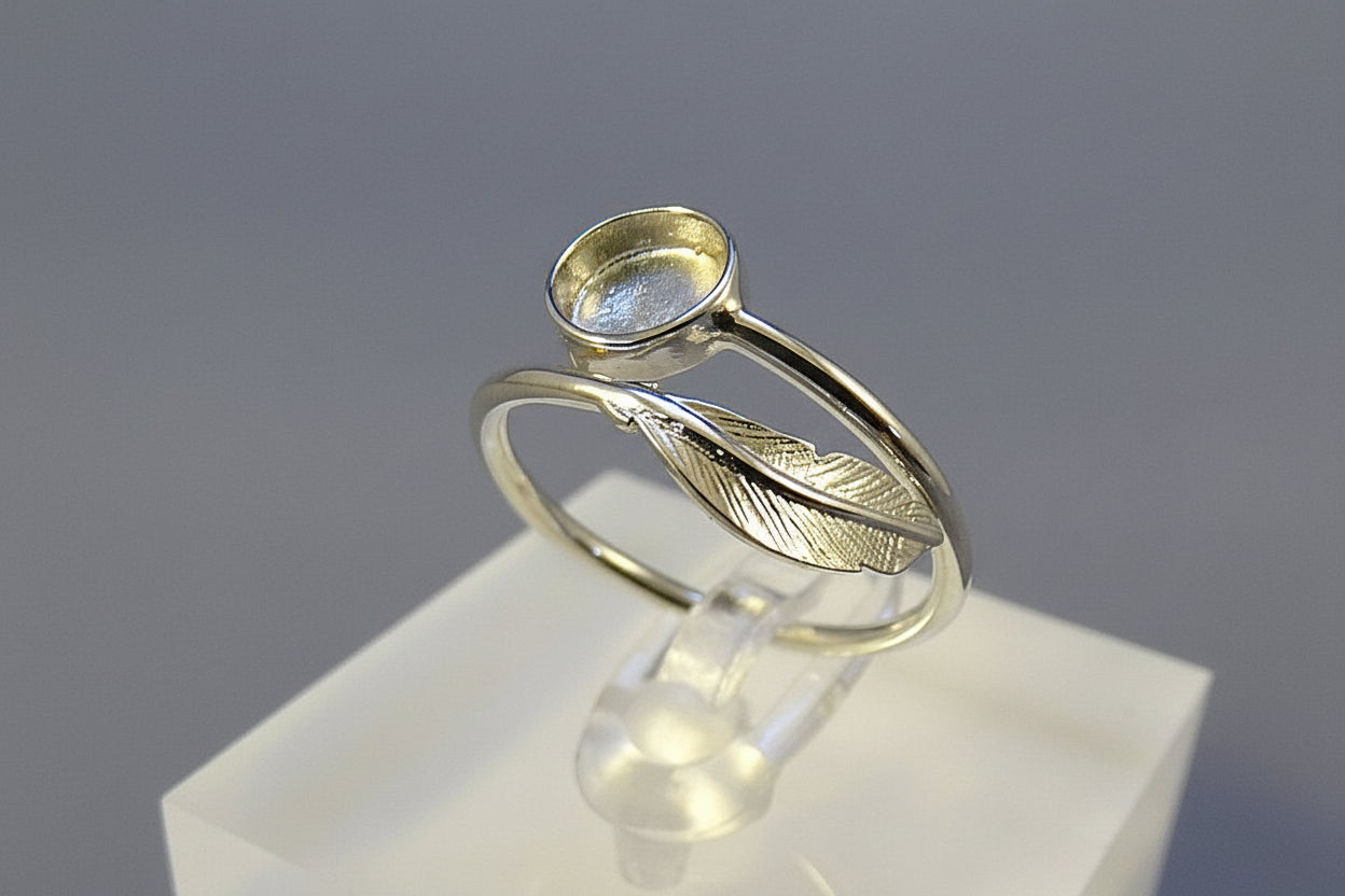 silver feather ring for resin or cabochon