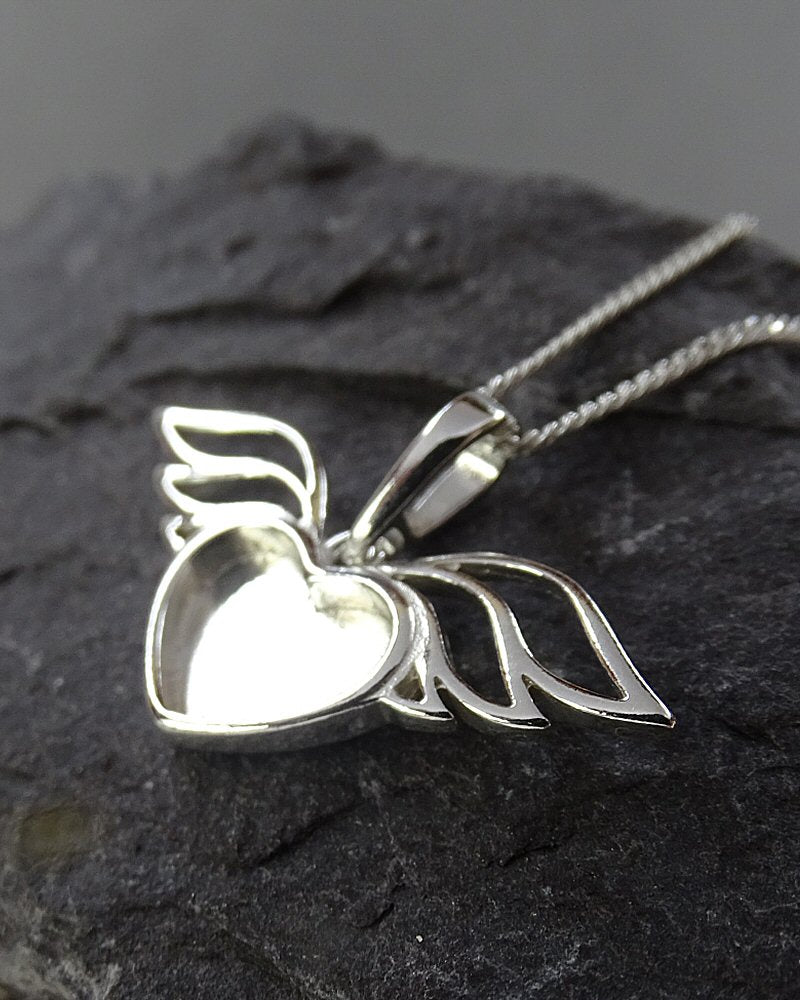 Solid Silver Winged Heart Pendant Setting For Resin