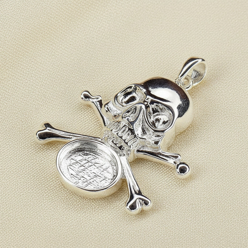 Solid Silver Skull And Crossbones Pendant For Cabochon Or Resin