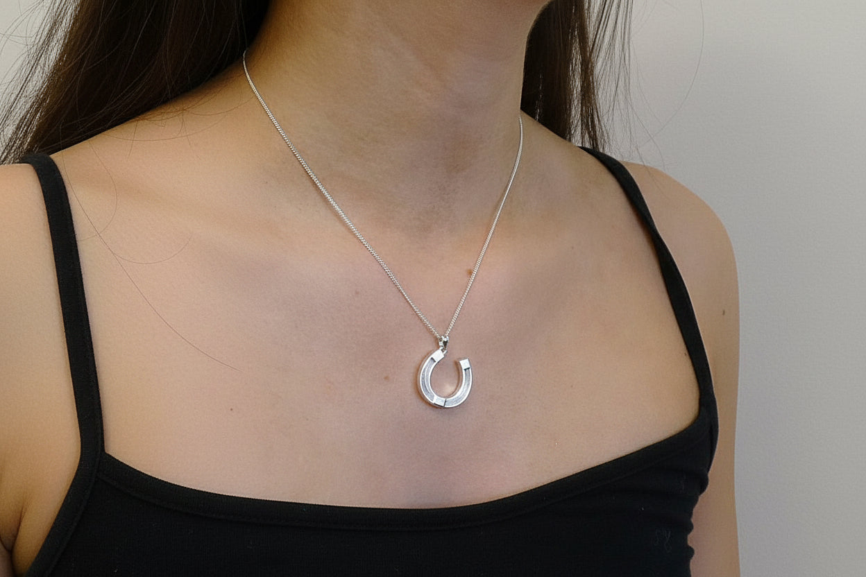 Silver equestrian Horse Shoe Pendant stock pin made for Horse Hair