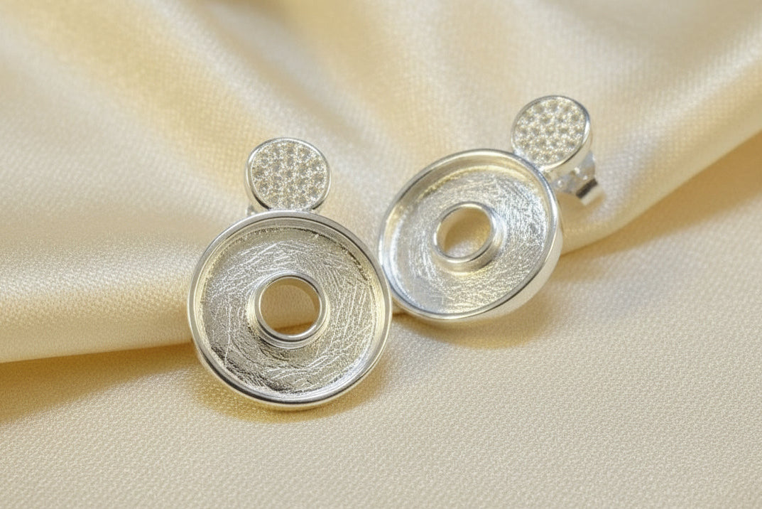 Solid Silver Fancy Circle Stud Earrings With cz Perfect for Resin