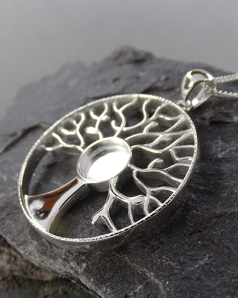 Silver Tree Of Life Pendant Setting To Fit 8mm Cabochon Or Resin