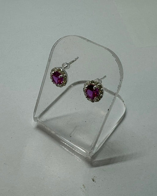 SILVER STUD EARRINGS WITH CZ AND RED STONE