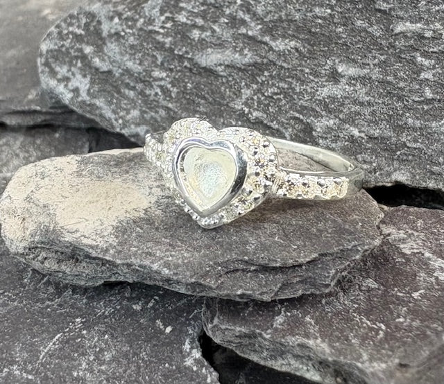 Solid Silver CZ ring setting with heart shaped setting area for resin