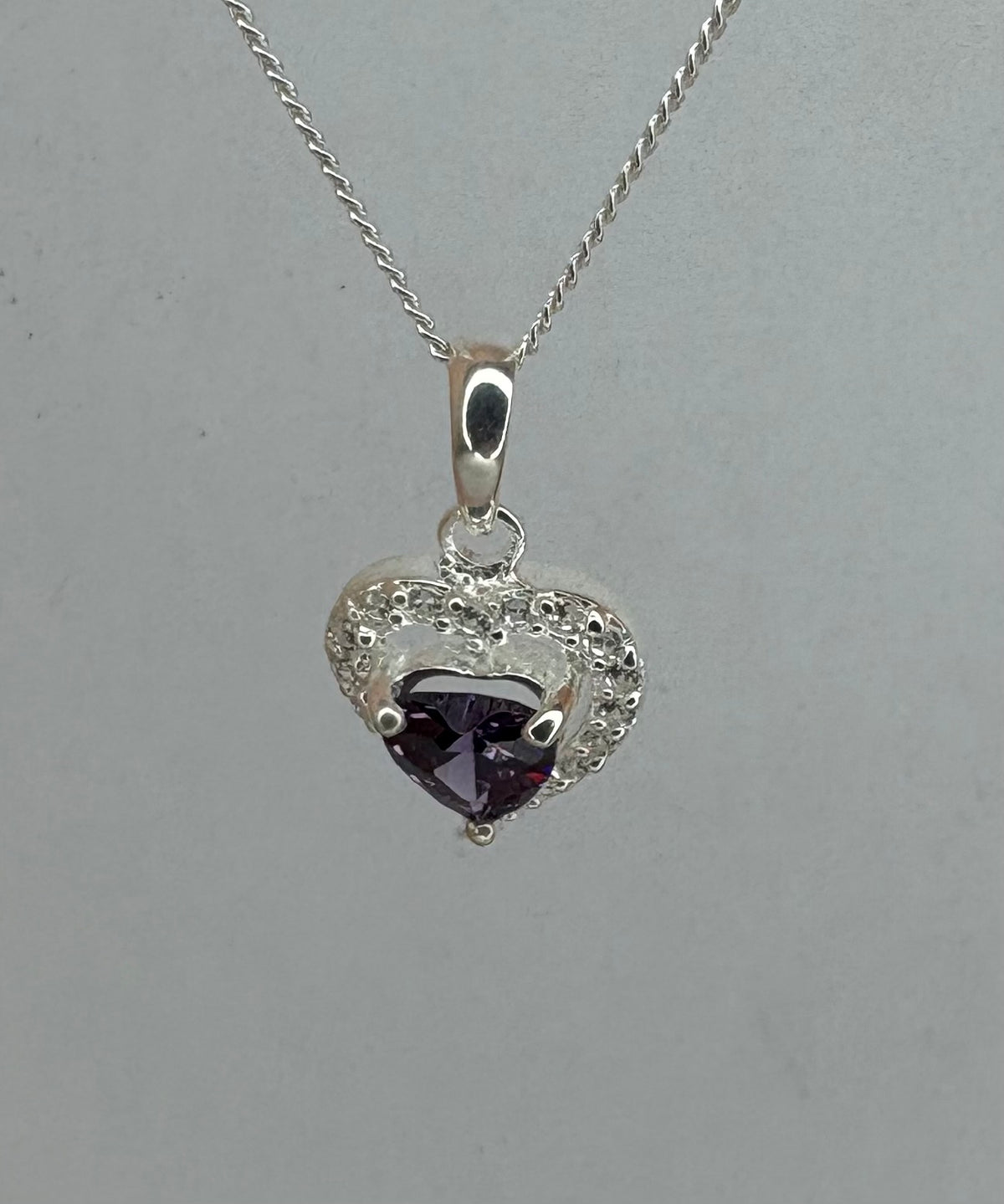 SILVER HEART PENDANT WITH CZ AND AMETYST TYPE STONE
