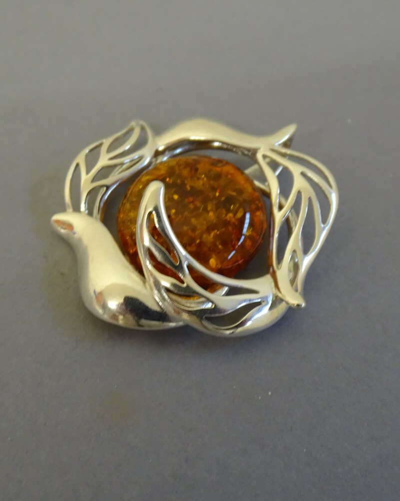LARGE FANCY SILVER PENDANT WITH AMBER STONE