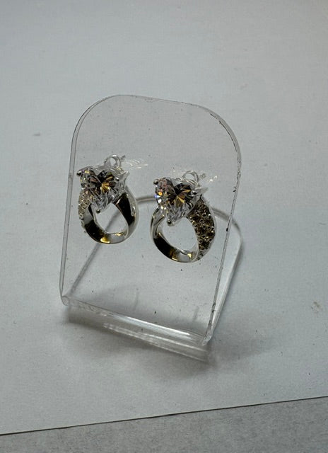 FANCY SILVER HEART AND CZ STUD EARRINGS