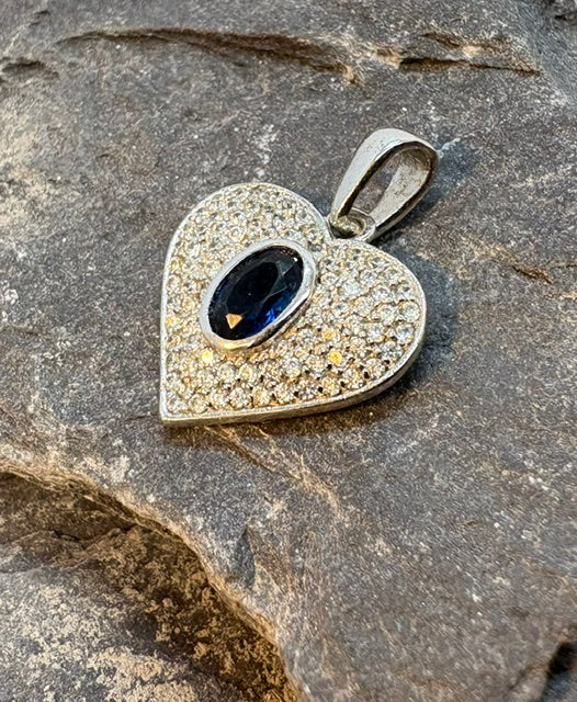SILVER HEART PENDANT WITH CZ AND BLUE STONE