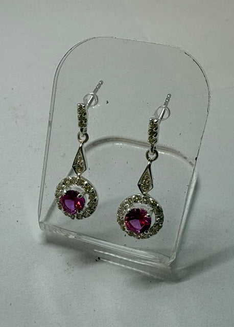 SILVER DROP EARRINGS WITH CZ AND RED STONE