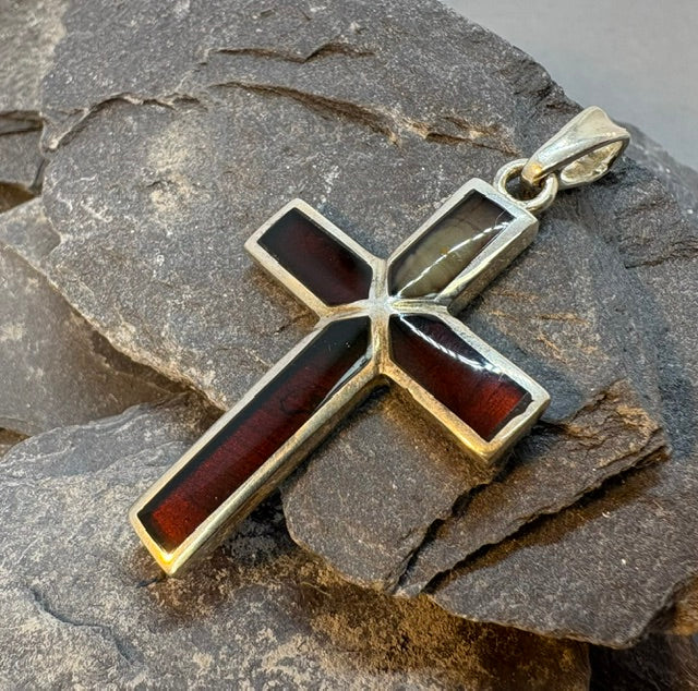 LARGE SILVER CROSS WITH DARK RED STONE