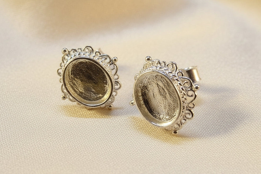 Silver Earstuds Bezel For 8x6 Cabochon