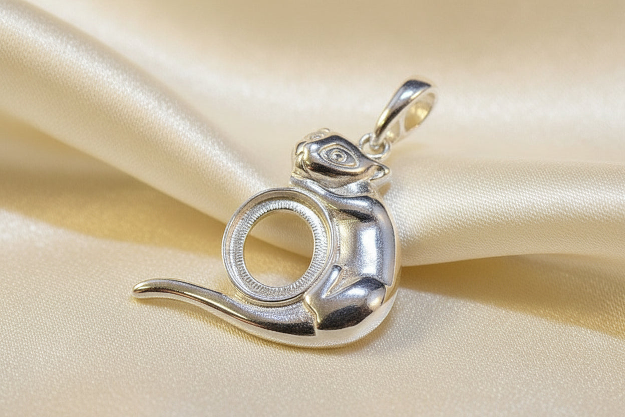 Silver Cat Pendant Mount For Setting 10x8 Cabochon