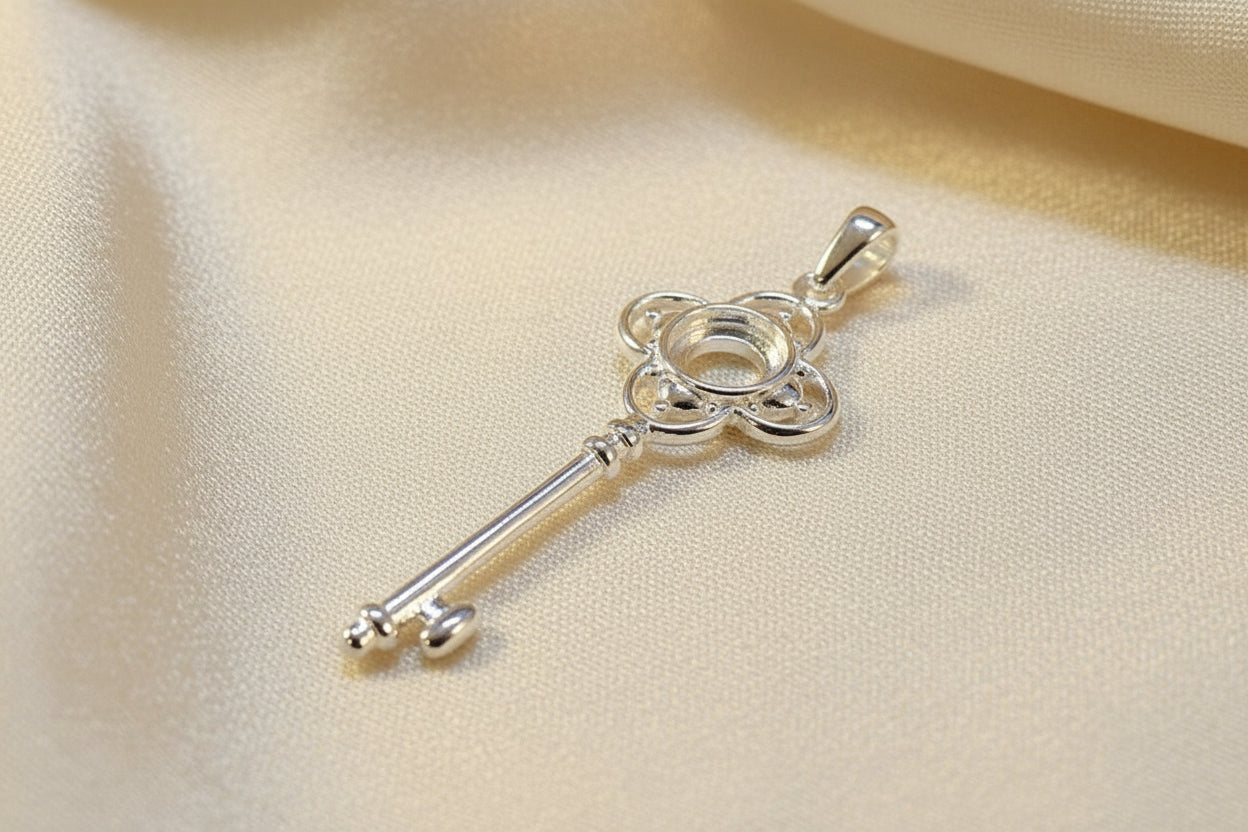 Silver key Pendant Setting To Fit 6mm Cabochon