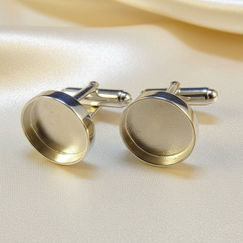 Silver Cufflink Blank For Round 13.8mm Stones Or Resin