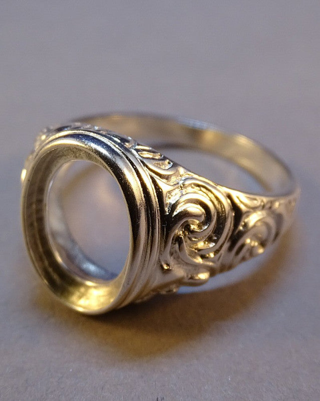 Gents Embossed Silver Signet Ring For 14x10 Stone