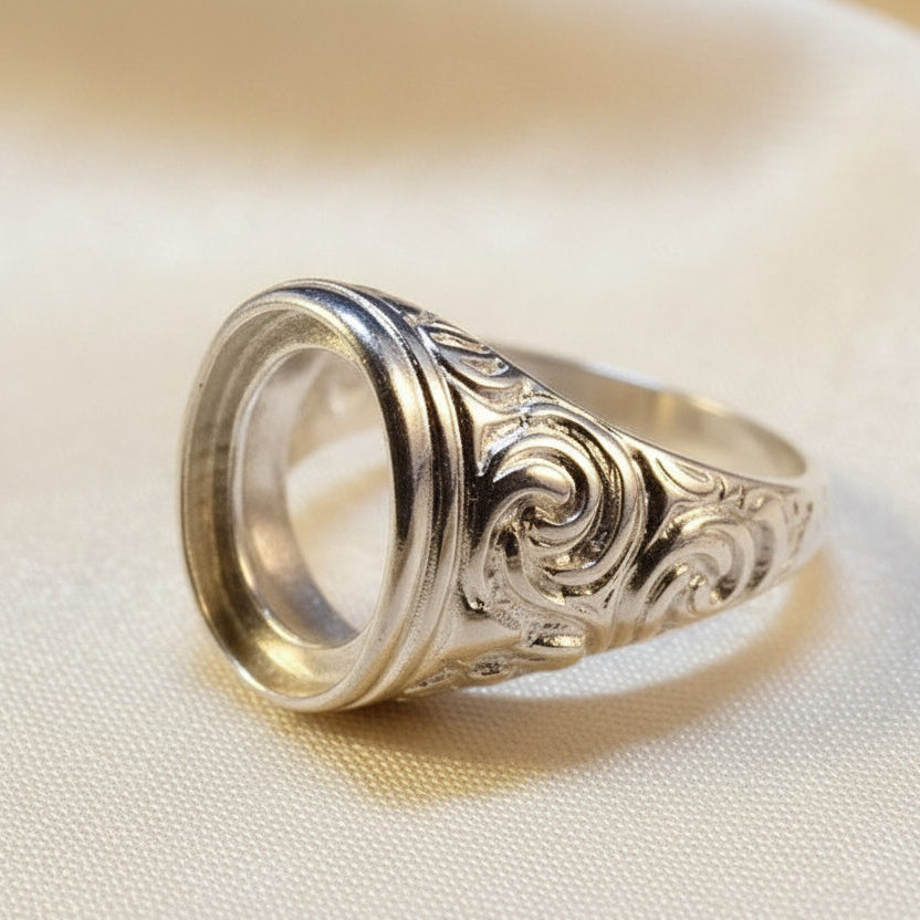 Gents Embossed Silver Signet Ring For 14x10 Stone