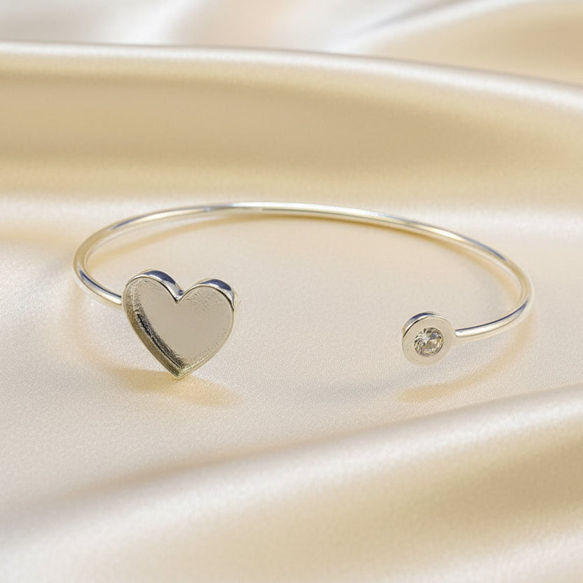 Silver Bangle With Heart Shape Bezel and A CZ