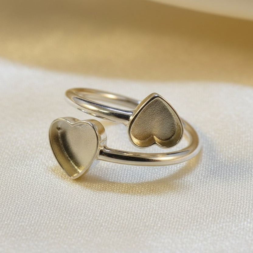 Double Heart Adjustable Silver Ring