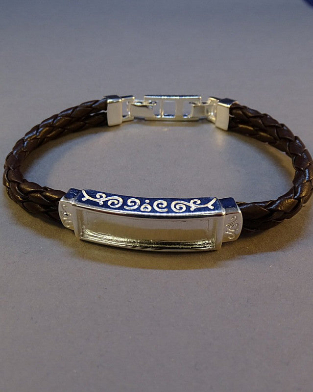 Solid Silver Gents Bracelet With Leather Strap