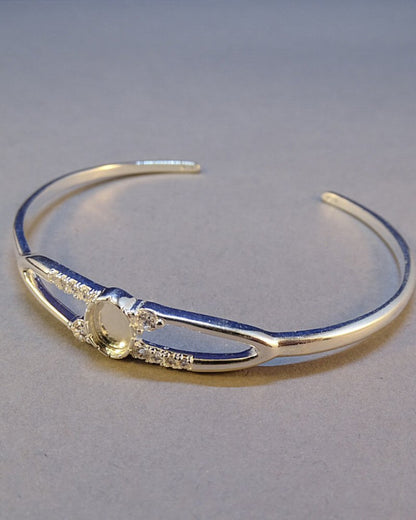 Solid Silver Bangle With CZ To Fit 8x6 Cabochon Or Resin