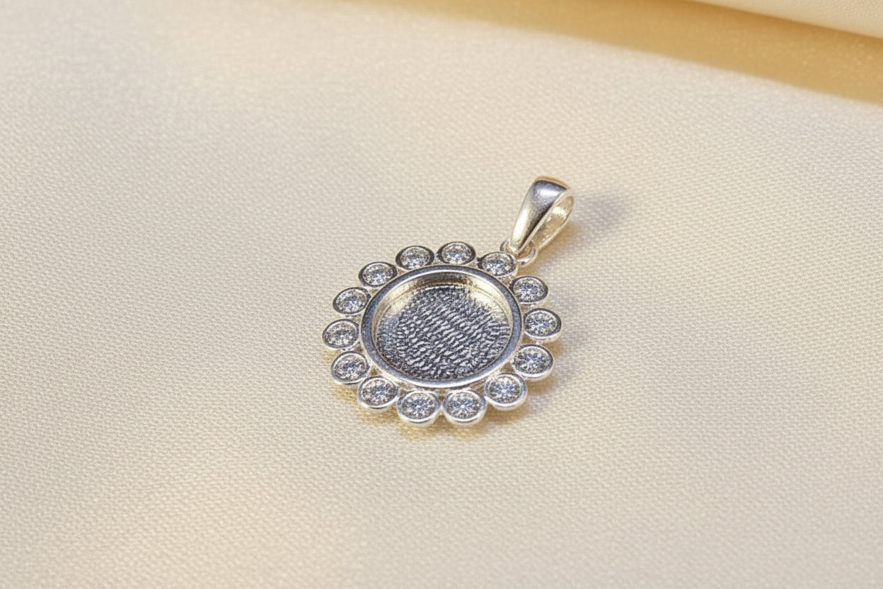 Solid Back Silver And CZ Pendant To Fit 8mm Cabochon Or Resin