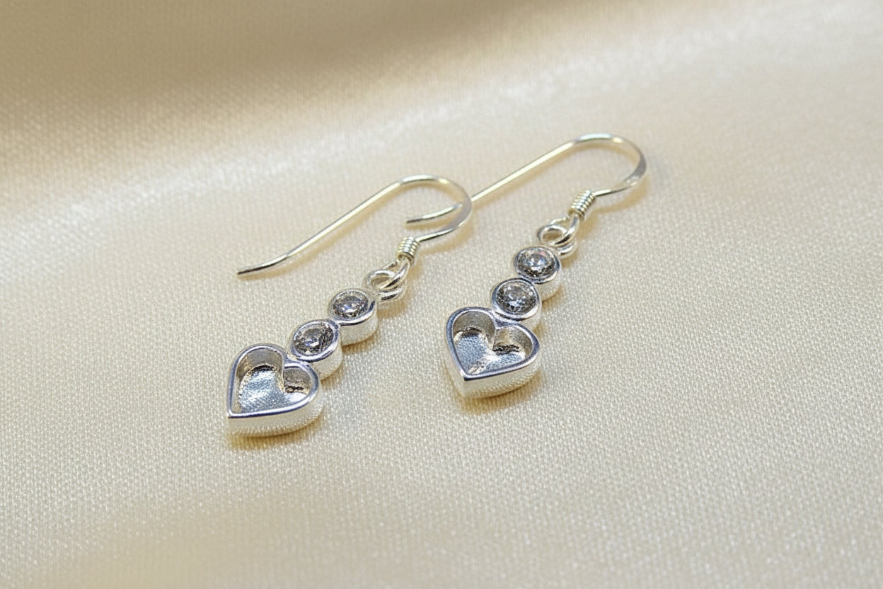 Stunning Silver Drop Heart & cz Earrings