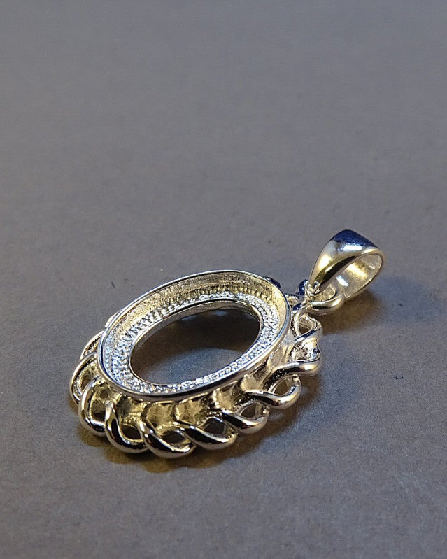 Scroll Edge Silver Pendant Setting For 14x10 Cabochons