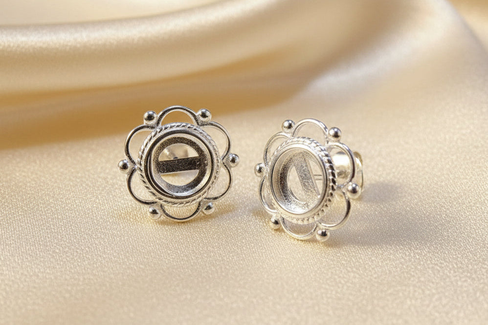 Silver Frill And Bead Ear Stud Setting For 6mm Stone