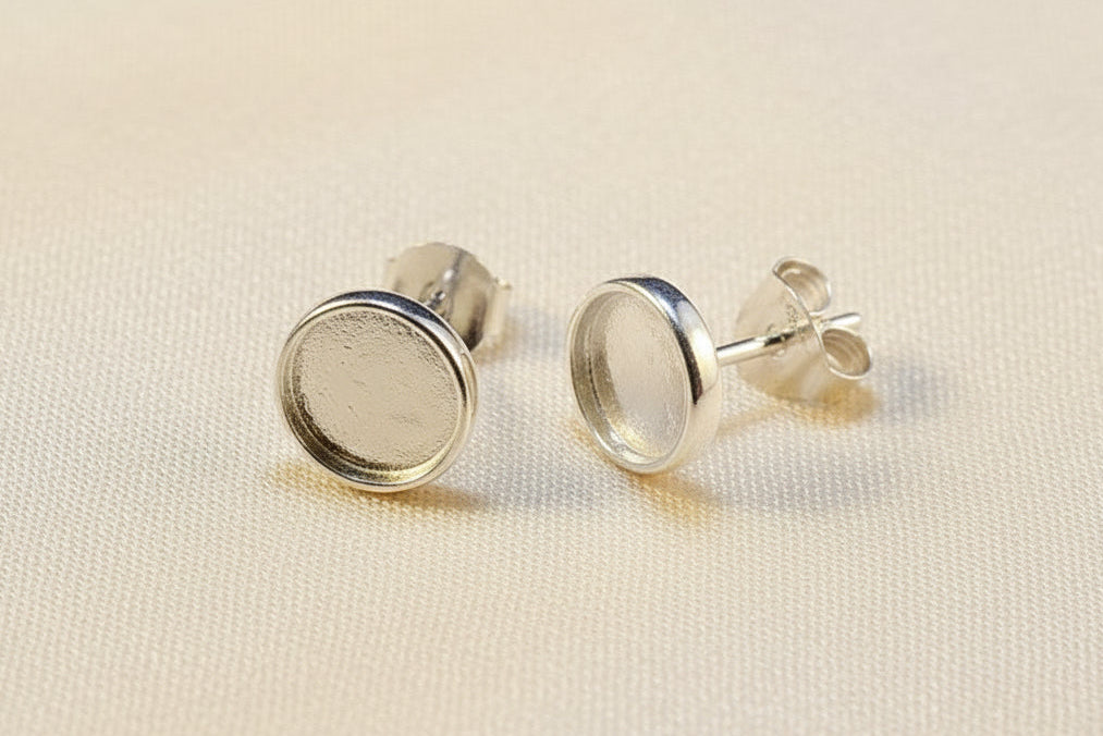 Heavy Silver Collet Style Earstud Round For Cabochon
