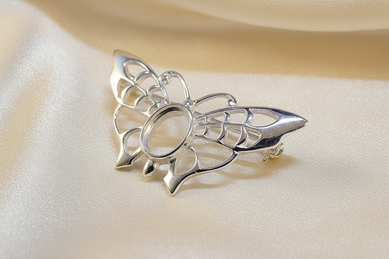 Silver Butterfly Brooch Setting For 8x6 Cabochon