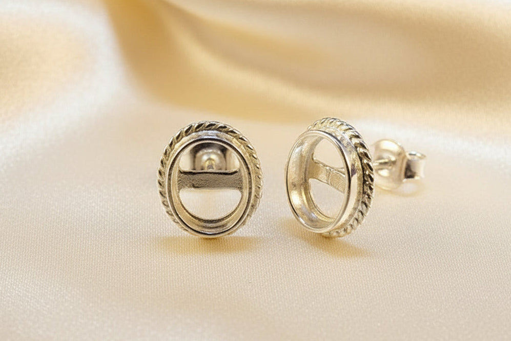 Silver Rope Edge Stud Earring Mount Settings 7x5 or 8x6