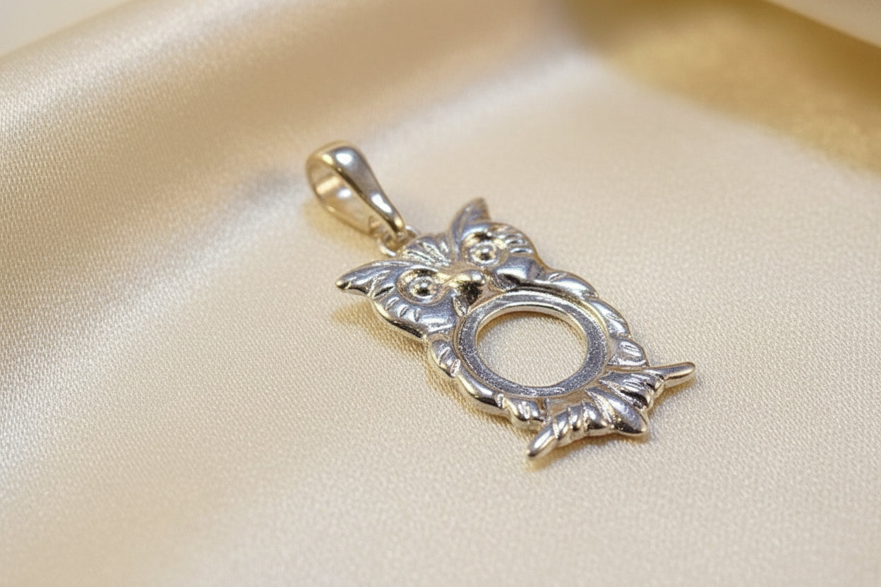 Silver Owl Pendant Bezel For 8MM Stone