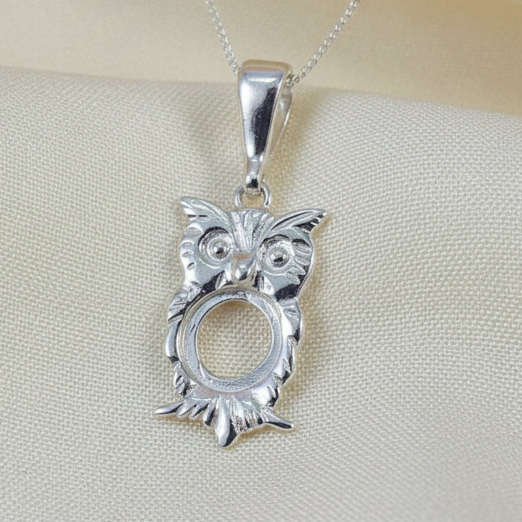 Silver Owl Pendant Bezel For 8MM Stone
