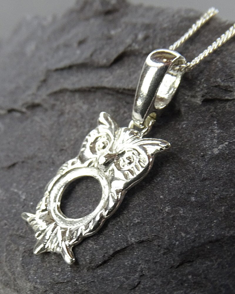 Silver Owl Pendant Bezel For 8MM Stone