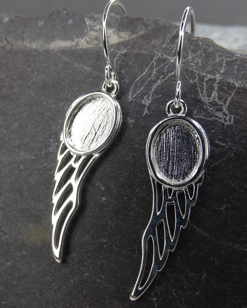 Solid Silver Angel Wing Drop Earrings For 8X6 Cabochons Or Resin