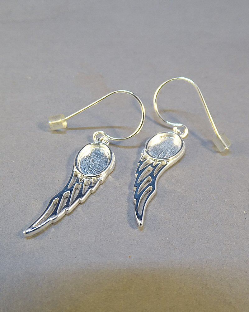 Solid Silver Angel Wing Drop Earrings For 8X6 Cabochons Or Resin