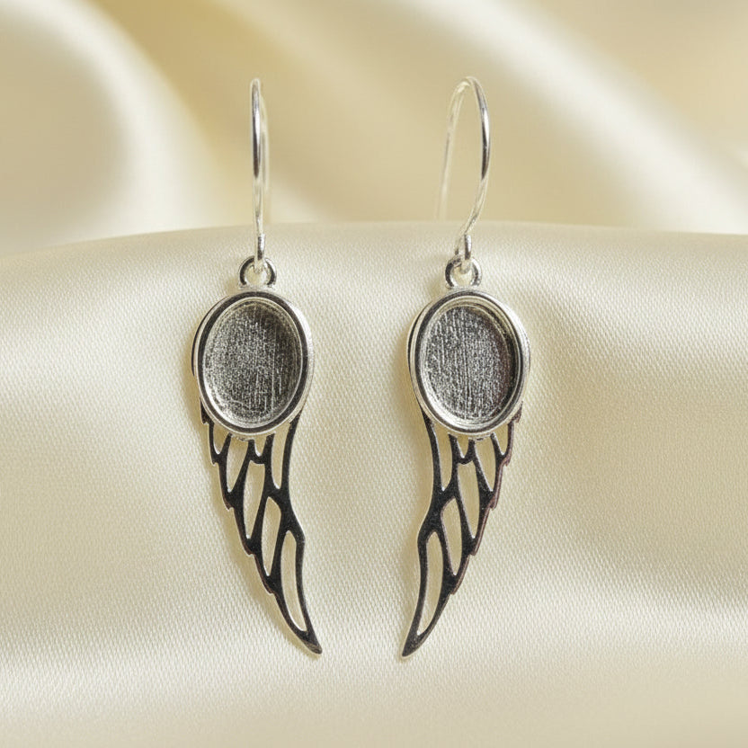 Solid Silver Angel Wing Drop Earrings For 8X6 Cabochons Or Resin