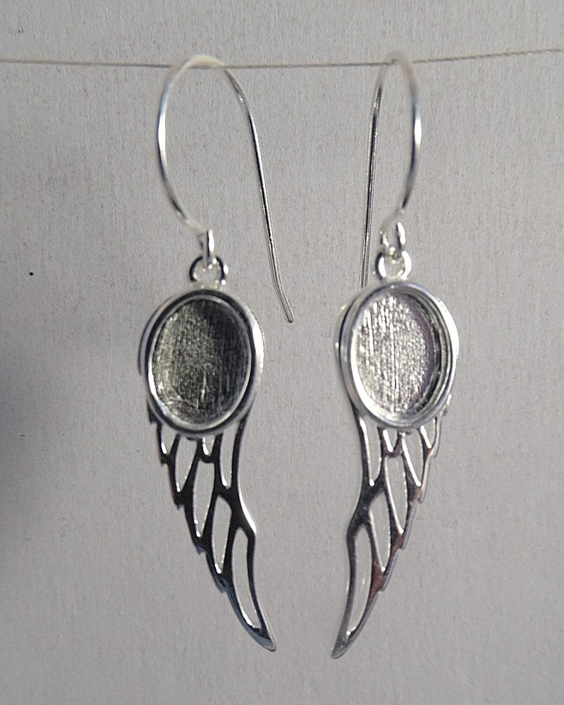 Solid Silver Angel Wing Drop Earrings For 8X6 Cabochons Or Resin