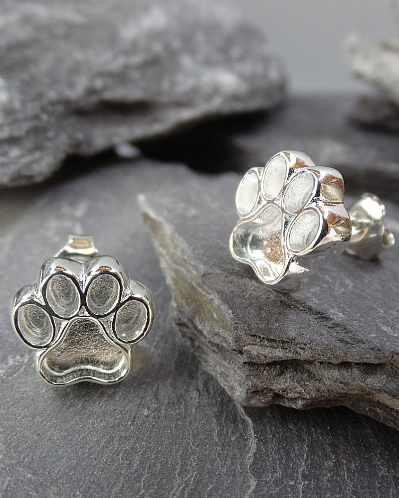 Solid Silver Dog Paw Print Stud Earrings Suitable For Resin
