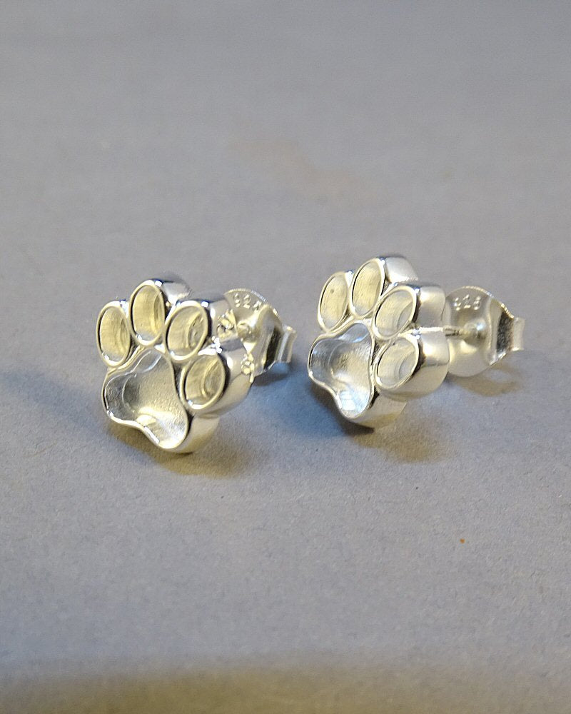 Solid Silver Dog Paw Print Stud Earrings Suitable For Resin