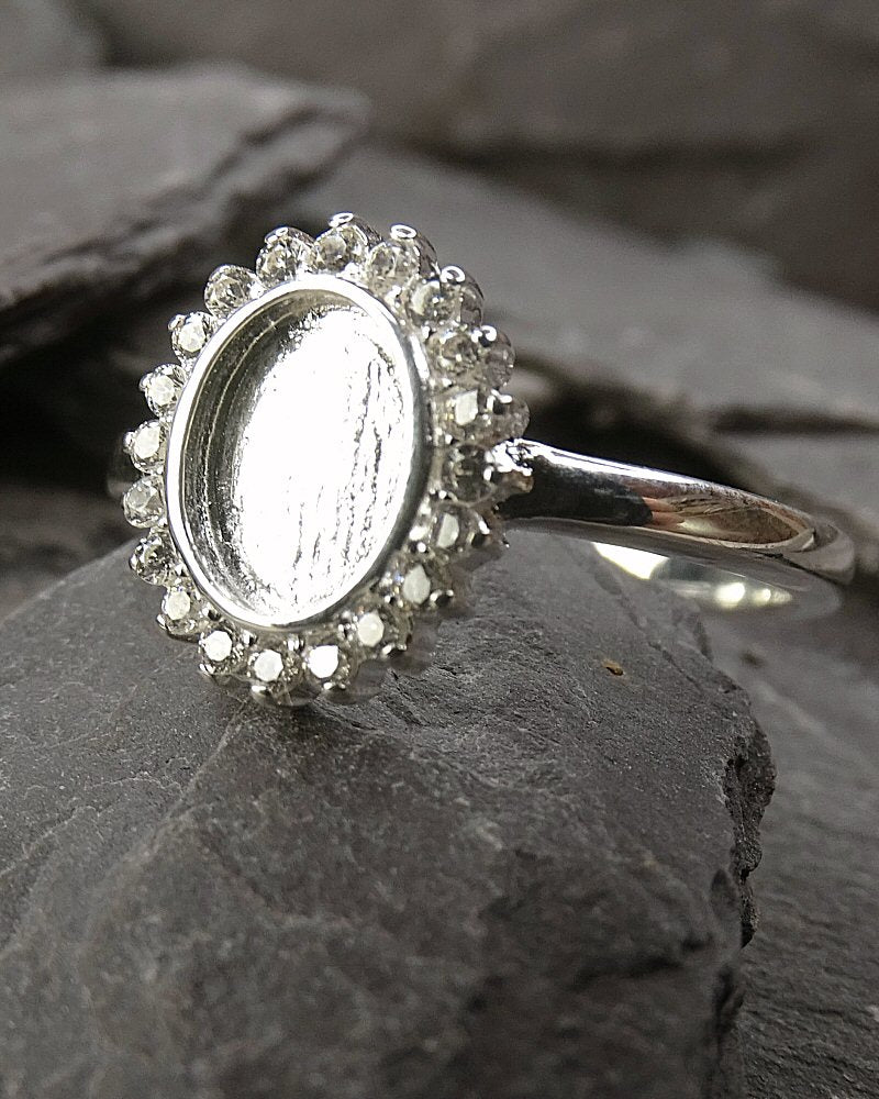 Solid Silver Ring with Halo cz Surround To Fit 8x6 Cabochon Or Resin