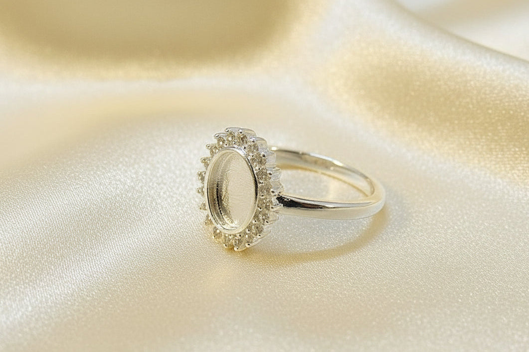 Solid Silver Ring with Halo cz Surround To Fit 8x6 Cabochon Or Resin