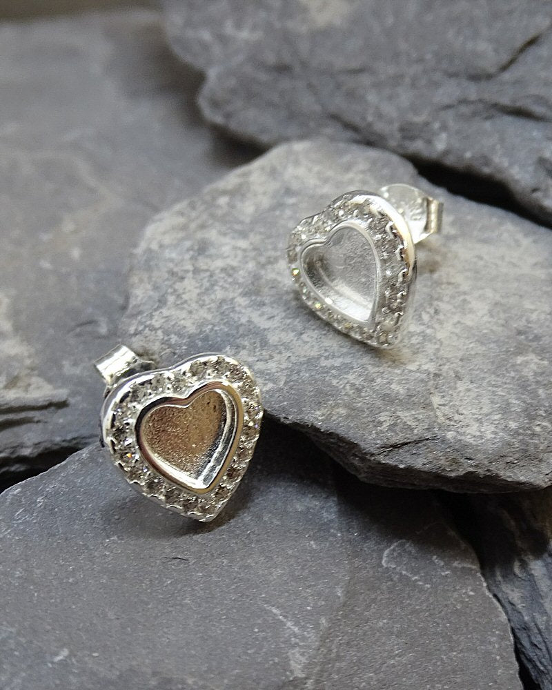 Solid Silver Heart Studs with cz stones Suitable For Resin