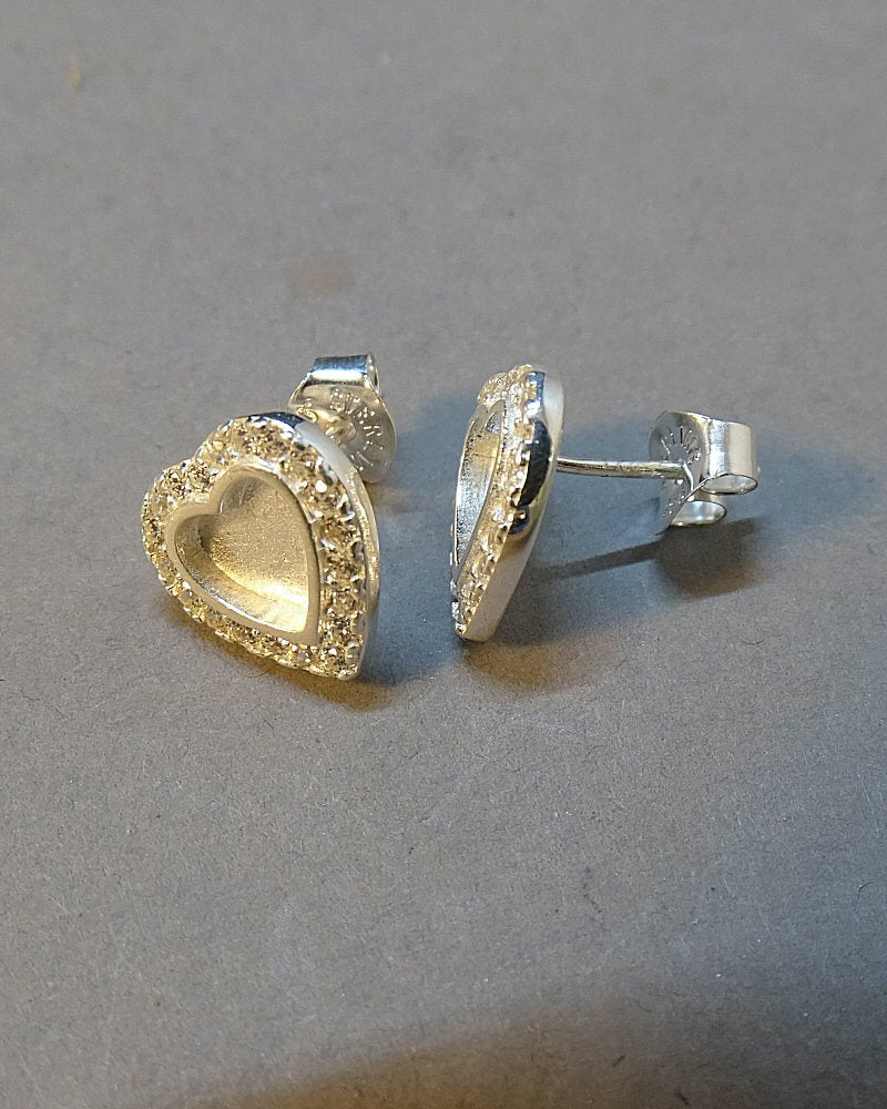 Solid Silver Heart Studs with cz stones Suitable For Resin