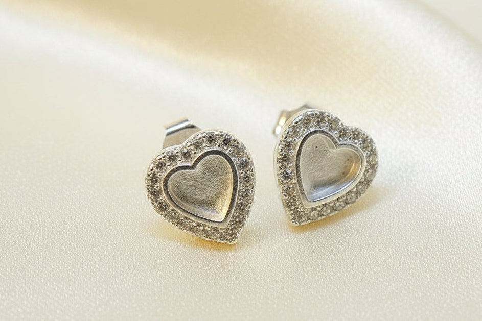 Solid Silver Heart Studs with cz stones Suitable For Resin