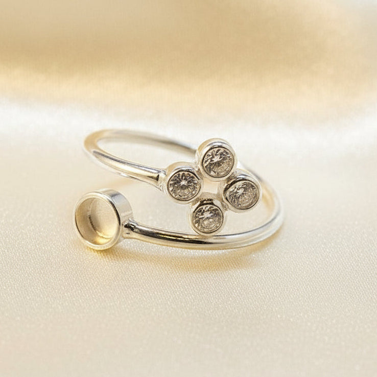 Silver Adjustable Ring For 4mm Cabochon Or Resin With CZ