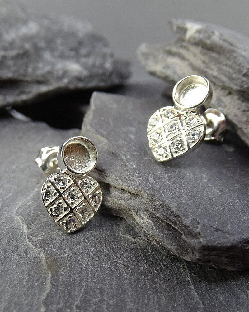 Silver Stud Earring with a cz Heart with 4mm Setting Area