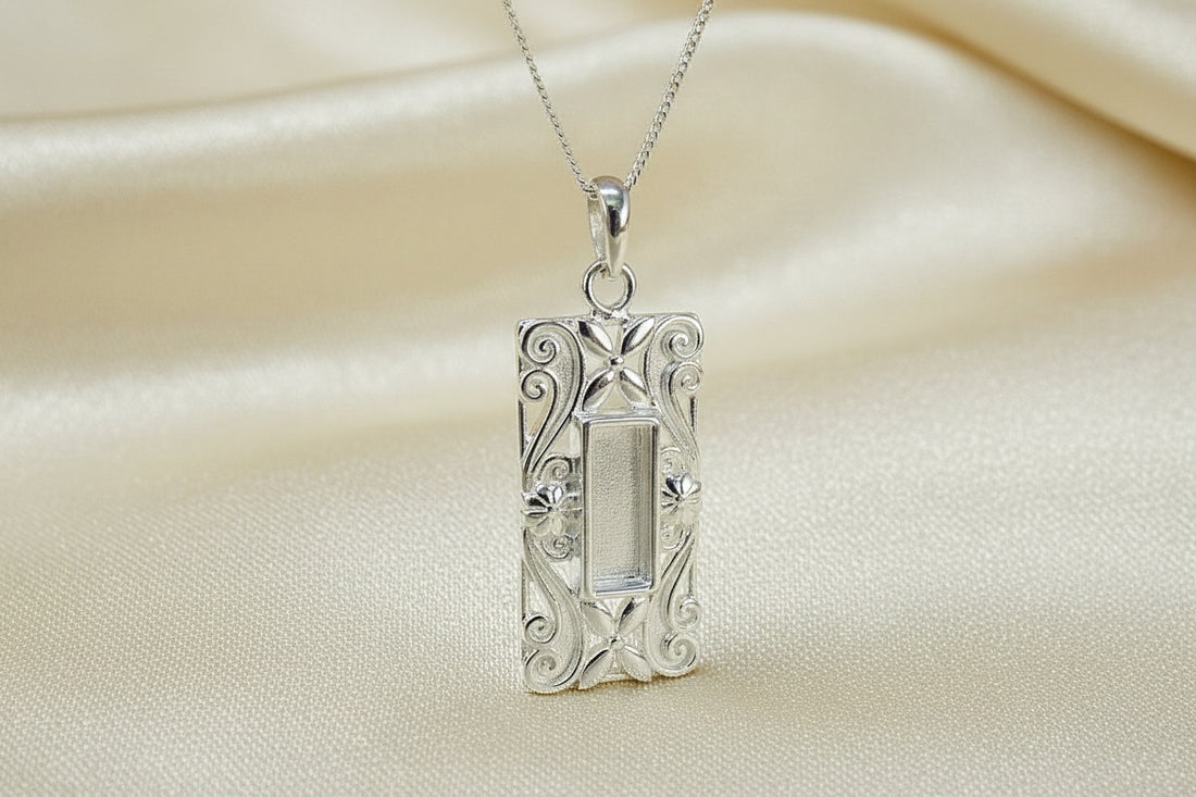 Solid silver fancy embossed pendant for resin or stones