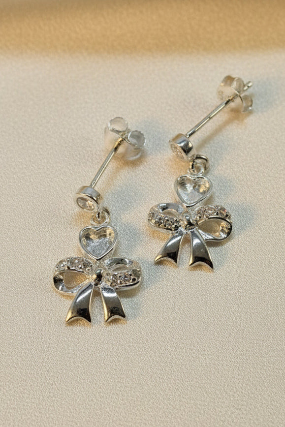 Solid Silver Bow And Heart Drop Earrings suitable for resin